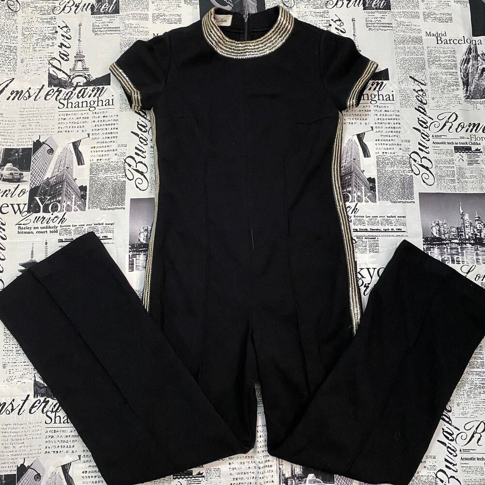 The Collection Women's Black gold sequin vintage 60s jumpsuit short sleeves